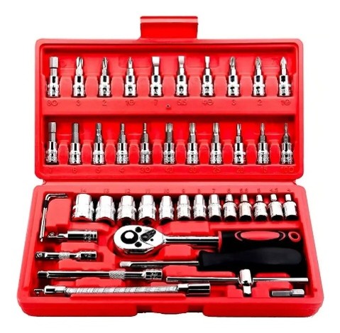 Juego De Copas X 46 Piezas Mecanica Automotriz Ratchet 1/4 Color Rojo